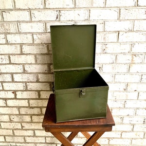 Vintage Metal Storage Box | Distressed Metal Stash Box | Flip Top Metal Tool Box | Rustic Metal Flip Top Box | Green Square Metal Box