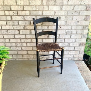 Vintage Distressed Hitchcock Style Rush Seat Chair | Black Stenciled Rush Seating Chair | Primitive Hitchcock Style Chairs| Black Rush Chair