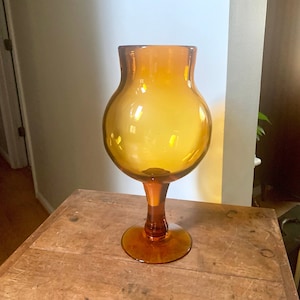 Vintage Large Amber Glass Vase | Thick Blenko Glass Vase | Large 14&quot; Amber Pedestal Vase | Mid Century Modern Amber Vase | Handblown Glass