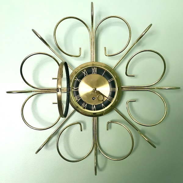 Vintage Retro Starburst Wall Clock | Gold Sunburst Eight Day Wind Up Clock | Mid Century Modern Wall Clock | Brass Retro Modern Wall Clock