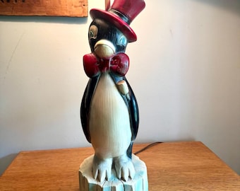 Vintage Quartite Creative Corp Penguin Lamp | Penquin in Bowtie and Top Hat Lamp | Penguin Chalk Ware Lamp | Whimsical Penguin Lamp