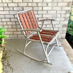 Vintage Folding Aluminum Redwood Rocking Chair Folding Aluminum Lawn Chair Aluminum Rocking Chair Redwood Rocking Chair Patio Chair Etsy