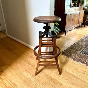 Antique Wood and Cast Iron Adjustable Stool | The Marble & Shattuck Chair Company Stool | Wooden Drafting Stool | Adjustable Draftsman Stool