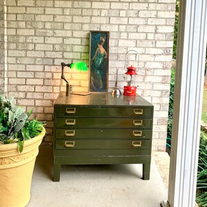 Vintage Lyons Flat File Cabinet on Factory Railroad Cart 