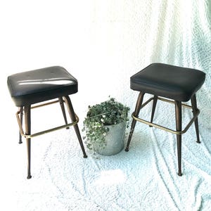 MCM Bar Stools | Low Medium Black Vinyl Stools | Mid Century Vinyl Seating | 1960s Bar Stools | Vintage Bar Square Stools | Black Bar Stools