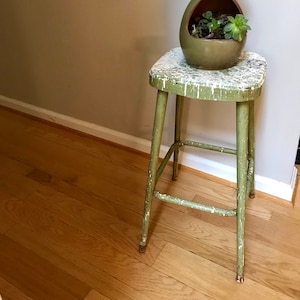 Tall Metal Stool | Rustic Painted Stool | Industrial Painters Stool | Workshop Stool | Industrial Stool | Olive Green Stool |Paint Drippings