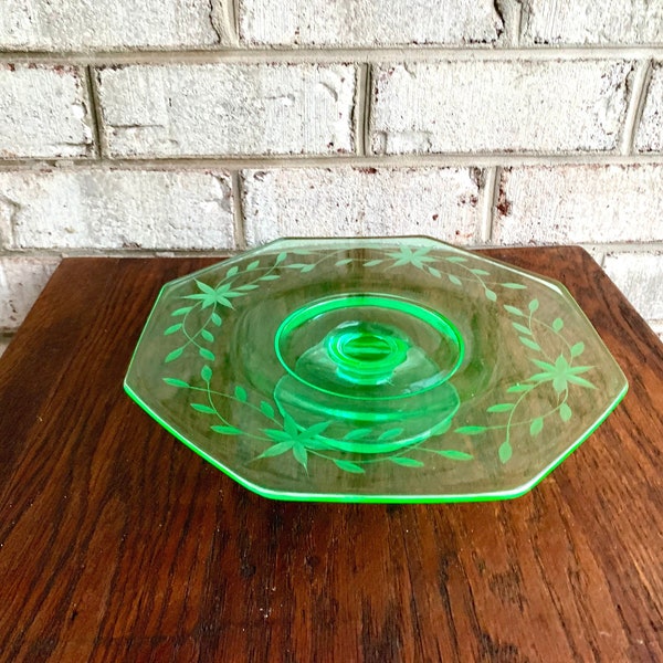 Vintage Octogon Pedestal Uranium Glass Stand | Etched Vaseline Octagon Cake Tray| Green Floral Etched Glass Cake Pedestal | Depression Glass