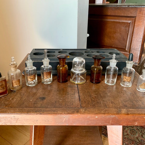 Antique Glass Medicine Bottles and Wood Tray | Old Medicine Bottles and Droppers | Apothecary Medicine Bottles |Antique Pharmacy Drug Store