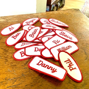 Vintage Uniform Name Patches | NOS Name Badges | Uniform Name Badges | Red and White Name Patches | Red Oval Name Patch | Square Name Patch