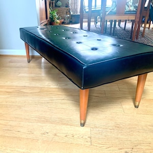 Vintage Original Herman Chairs Inc. Bench | Black MCM Vinyl Bench | Black Tufted Bench | Milo Baughman Style Bench | Unrestored MCM Bench