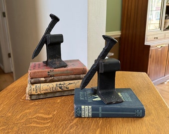 Antique Railroad Rail and Spike Bookends | Industrial Sculpture Bookends | Railway Bookends/Doorstops | Necktie Rail and Railroad Spike