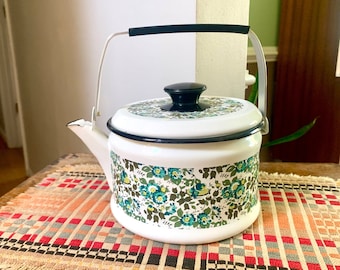 Vintage Floral Enamel Tea Kettle | MCM Enamelware Kettle | Aluminum Enamel Tea Kettle | Fancipans Enamel Tea Kettle | Enamel Teapot