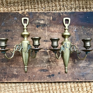 Vintage Pair of Brass Wall Sconce Candle Holders | Rustic Solid Brass Wall Sconce | Ornate Brass Twin Sconces | Brass Patina Decor |