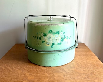 Vintage Green Floral Cake Carrier | Double Decker Cake Carrier | Green Cake and Pie Carrier | Cake Carrier Tin with 2 Compartments