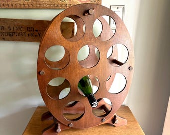 Vintage Wood Oval Wine Rack | Rustic Wine Rack | 10 Spot Wine Bottle Rack | Rustic Wine Storage | Mid Century Wine Rack Stand