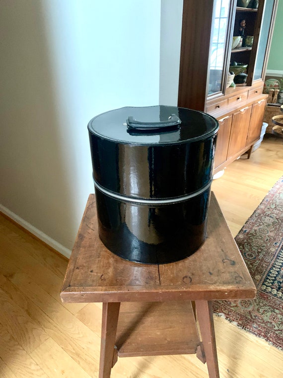 Vintage Black Vinyl Hat/Wig Case | Black Patent Ha