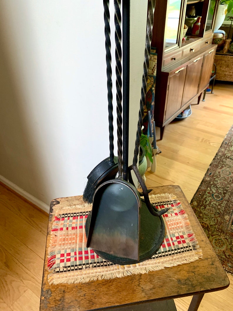 Vintage Wrought Iron Fireplace Tool Set Twisted Wrought Iron Etsy