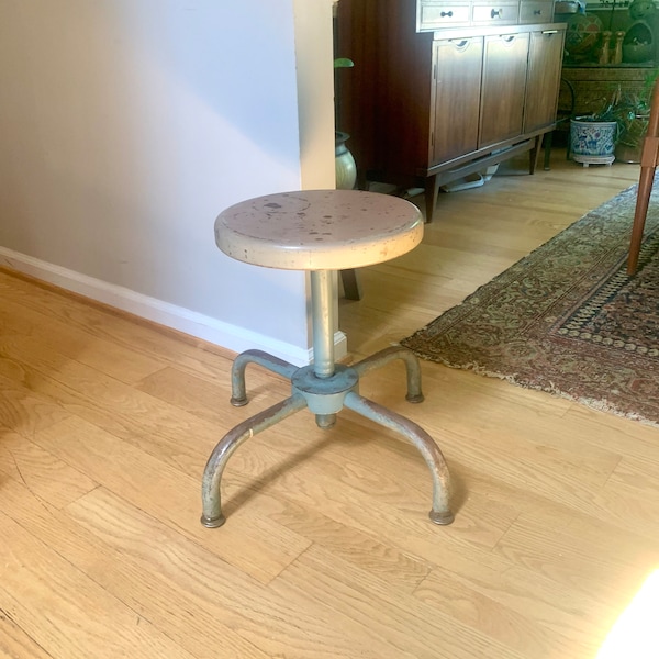 Vintage Industrial Metal Stool | Machinist Metal Stool With Metal Top | Industrial Factory Stool | Adjustrite Gray Metal Factory Stool