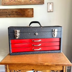 Caja de herramientas vintage pesada Penncraft / Caja de herramientas Penncraft negra y roja / Caja de herramientas resistente con 3 cajones con cerradura / Caja de herramientas para maquinistas