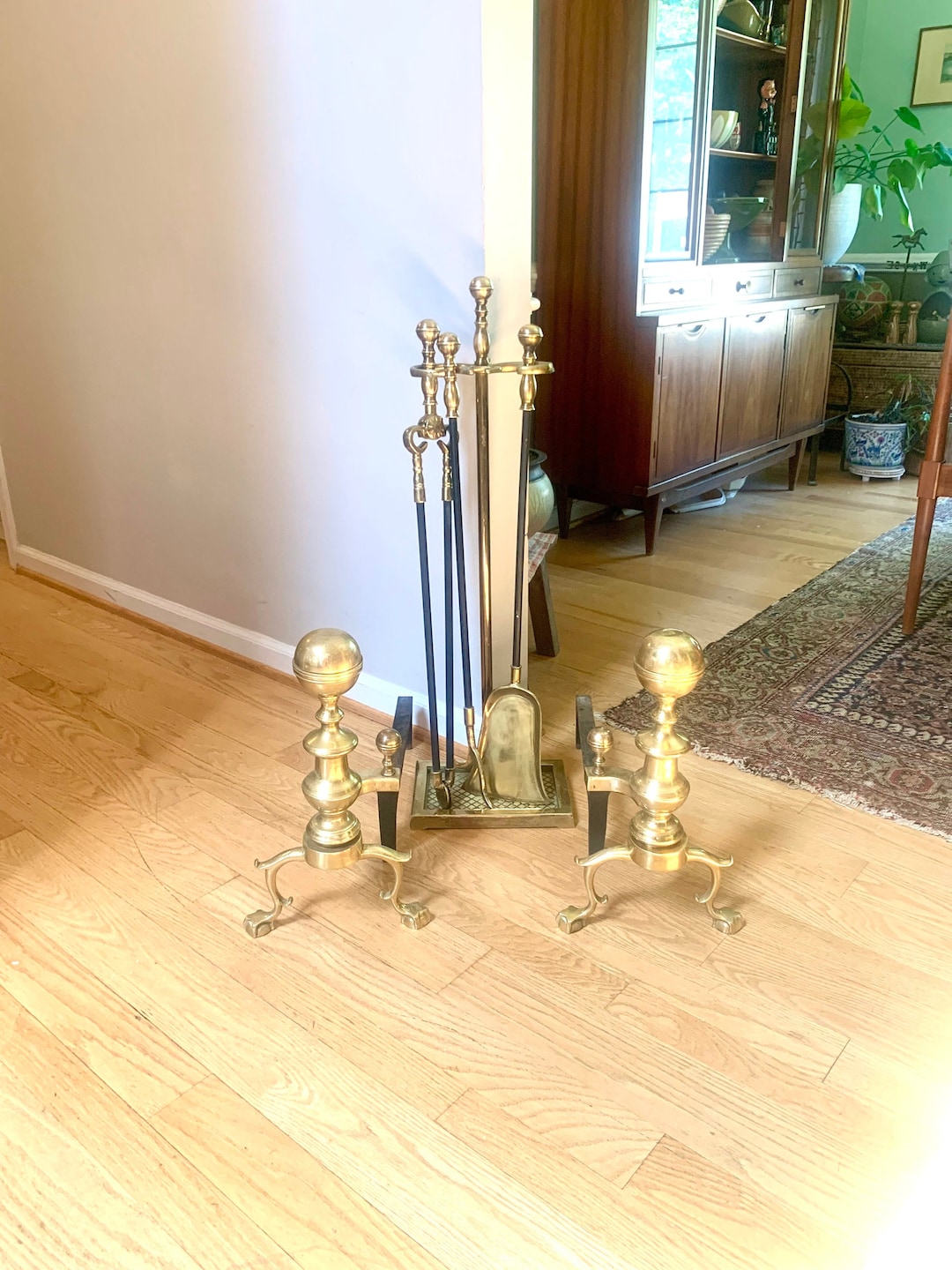 Vintage Harvin Co. Andirons and Fireplace Tool Set Brass Harvin