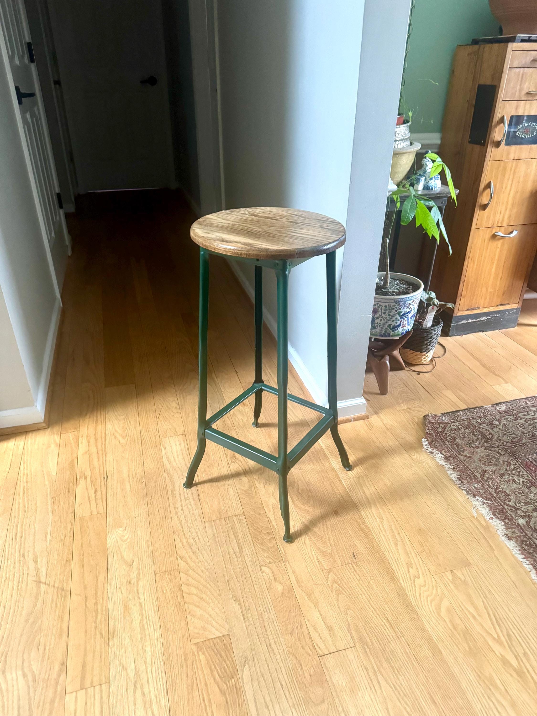 Vintage Industrial Metal Stool | Tall Riveted Metal Stool With Wood Top| Industrial Factory Stool| Green Painted Factory Stool| Rustic Stool