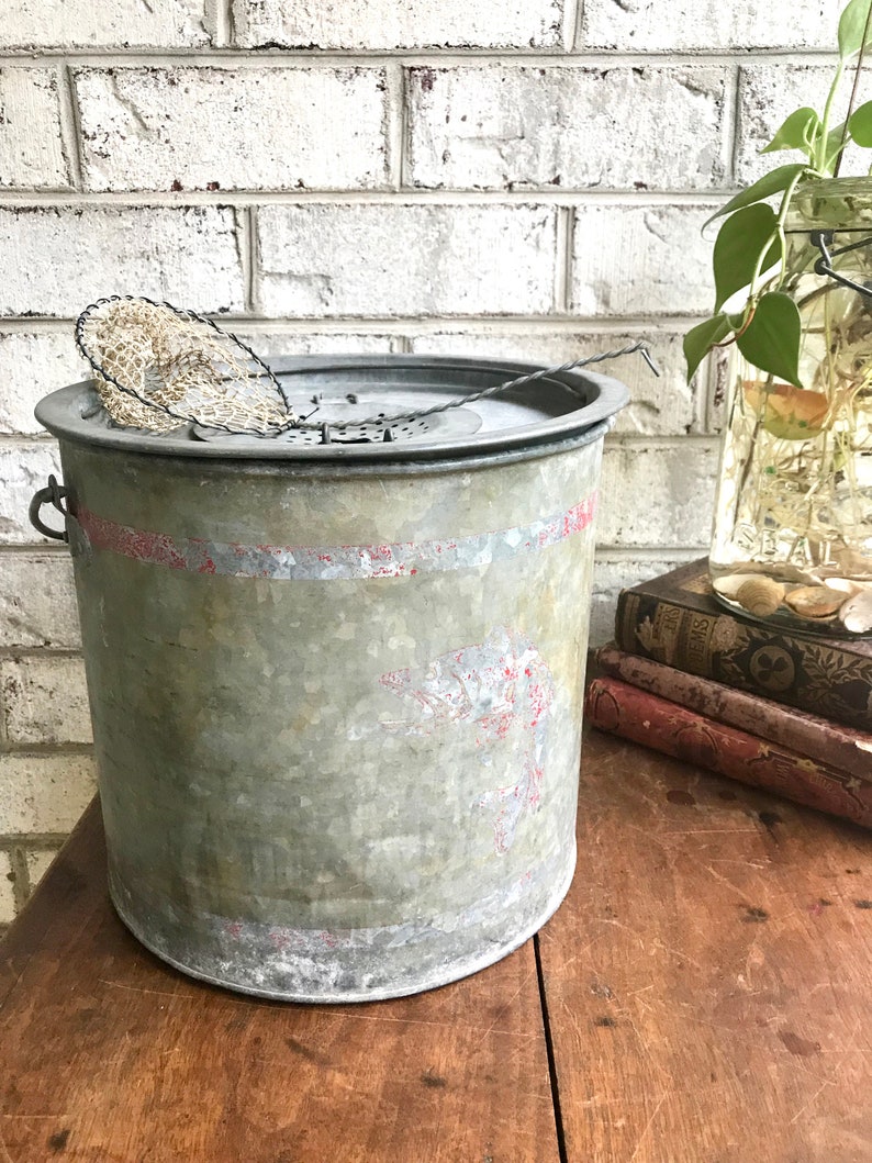 Rustic Minnow Bucket Metal Bait Bucket with Net Two Piece Etsy