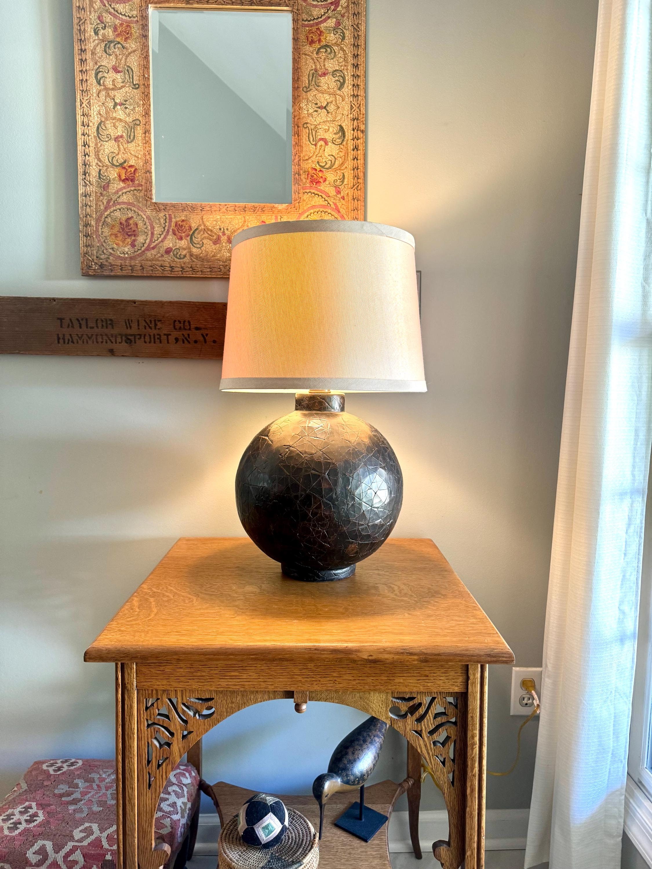 Vintage Ethan Allen Textured Orb Lamp | Large Textured Brown Orb Lamp | Round Textured Ethan Allen Table Lamp | Rustic Round Lamp