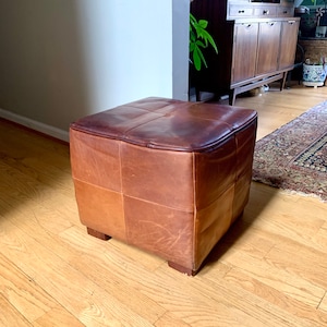 MCM Genuine Leather Ottoman | Square Leather Footrest | MCM Leather Ottoman | Leather Footstool | Rustic Leather Patch Footrest |
