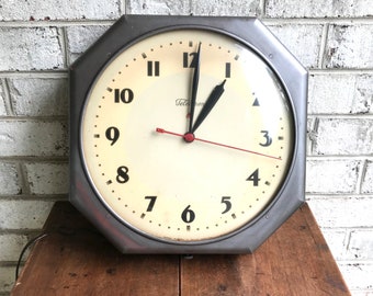 Vintage MCM Telchrom Wall Clock | Classic Industrial Wall Clock | Working Telechrom Wall Clock | Large Metal and Bubble Glass Clock