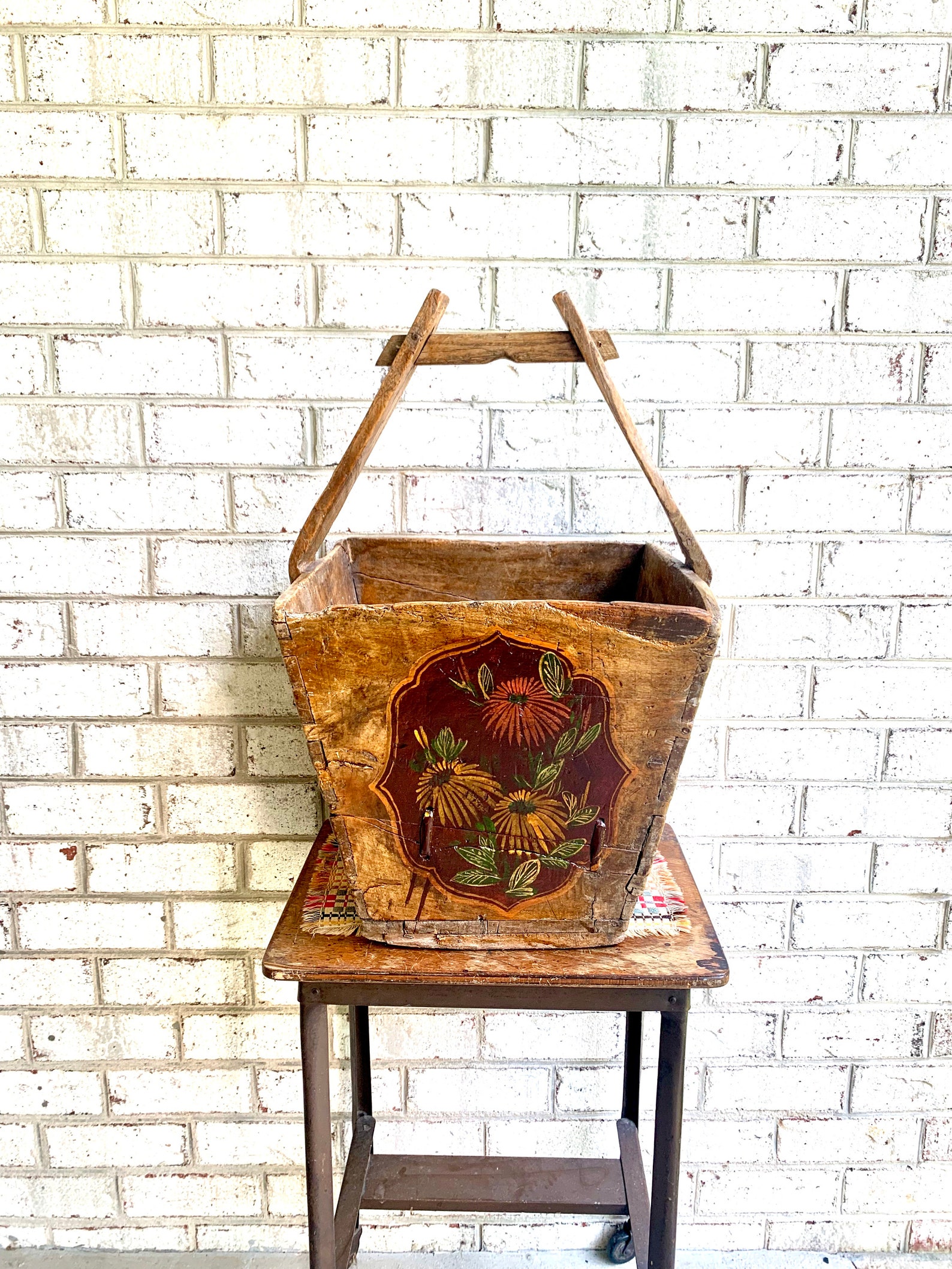 Antique Chinese Wood Gathering Basket Asian Hand Painted Wood Basket ...