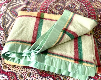 Vintage St. Mary's Wool Blanket | Bohemian Woven Throw | All Wool Lap Blanket |Wool Travel Blanket |Yellow, Green and Red Wool Throw Blanket