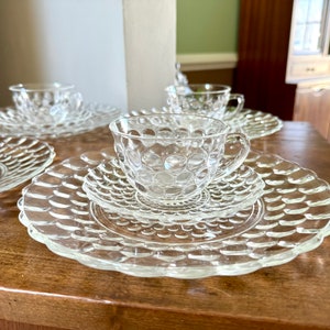 Vintage Set of Anchor Hocking Bubble Glass | Anchor Hocking Bubble Glass Cups, Saucers and Plates | Clear Set of 12 Bubble Serving Dishes