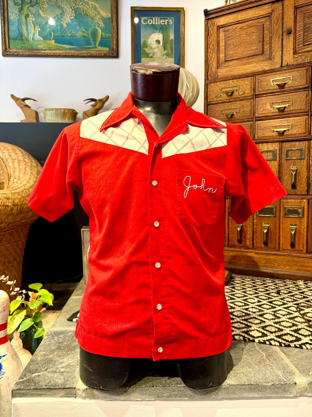 Vintage Embroidered Bowling Club Shirt | Red and White 50's