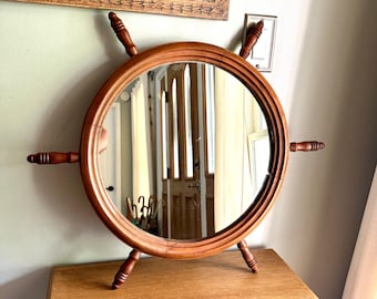Vintage Nautical Ship's Wheel Wood Mirror | Wooden Ship's Helm Mirror| Nautical Themed Wood Mirror| Maritime Mirror | Rustic Nautical Mirror