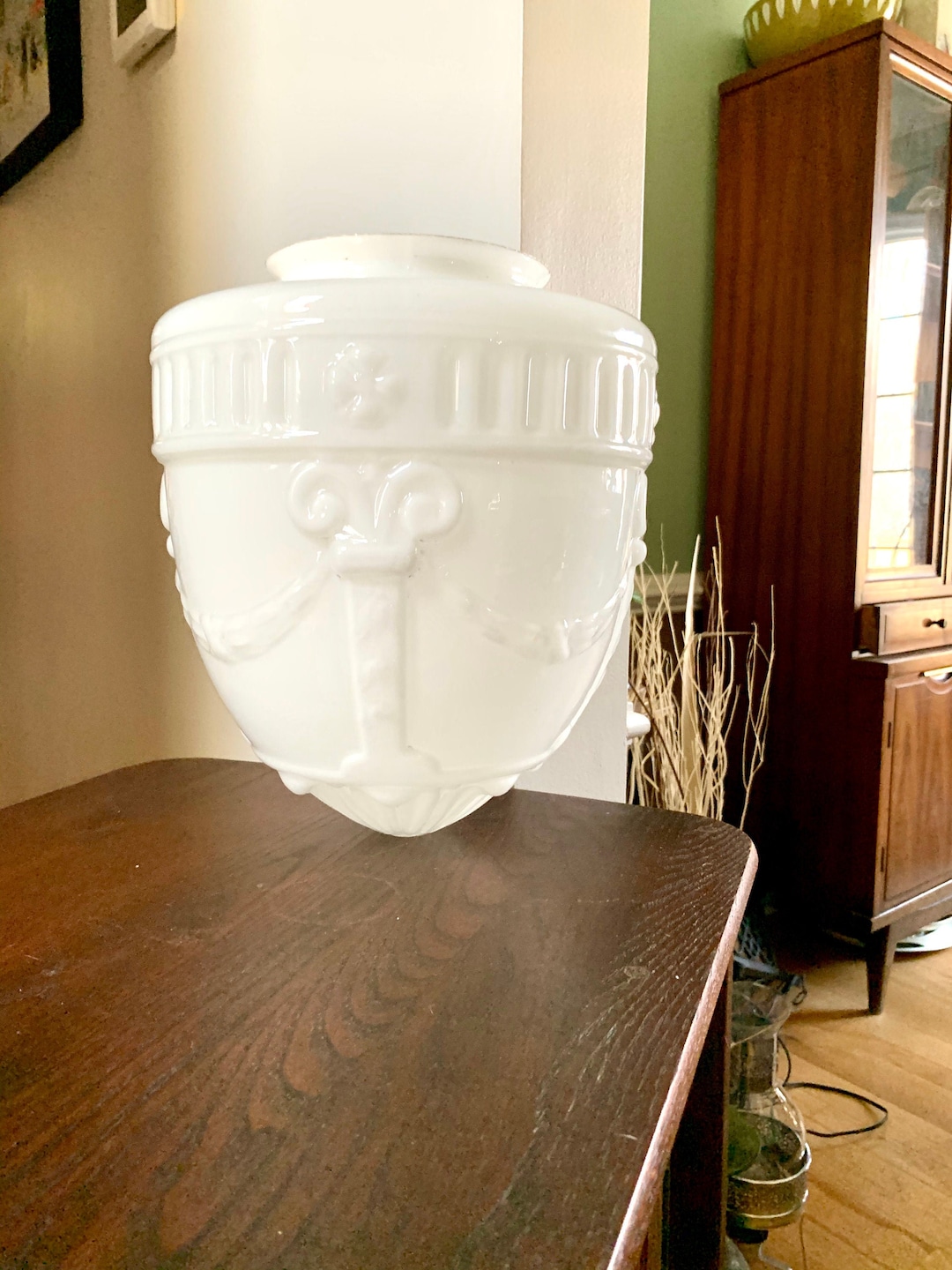 Large White Art Deco Glass Globe Hollywood Regency Light Fixture Globe