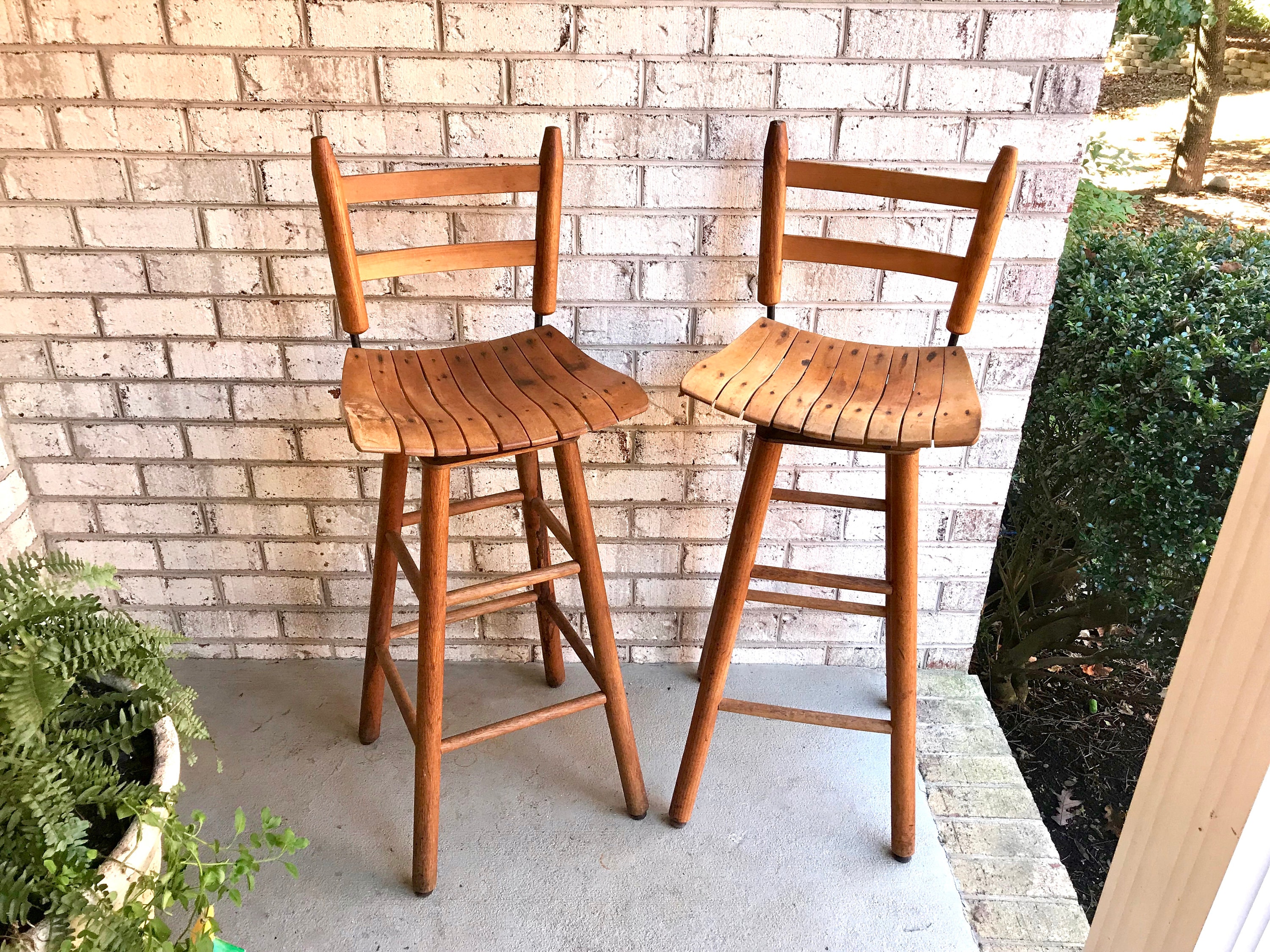 Pair of Mid Century Builtright Bar Stools Danish Modern Wood Slat