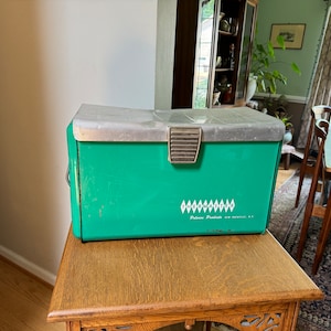 Vintage Poloron Products Cooler | Distressed Green Poloron Thermaster Metal Cooler With Tray | Metal Camping Cooler | Rustic Cooler