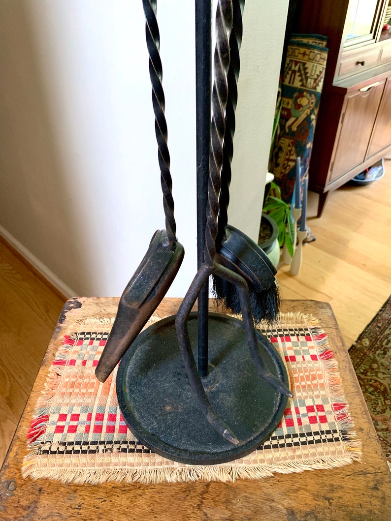 Vintage Wrought Iron Fireplace Tool Set Twisted Wrought Iron Etsy