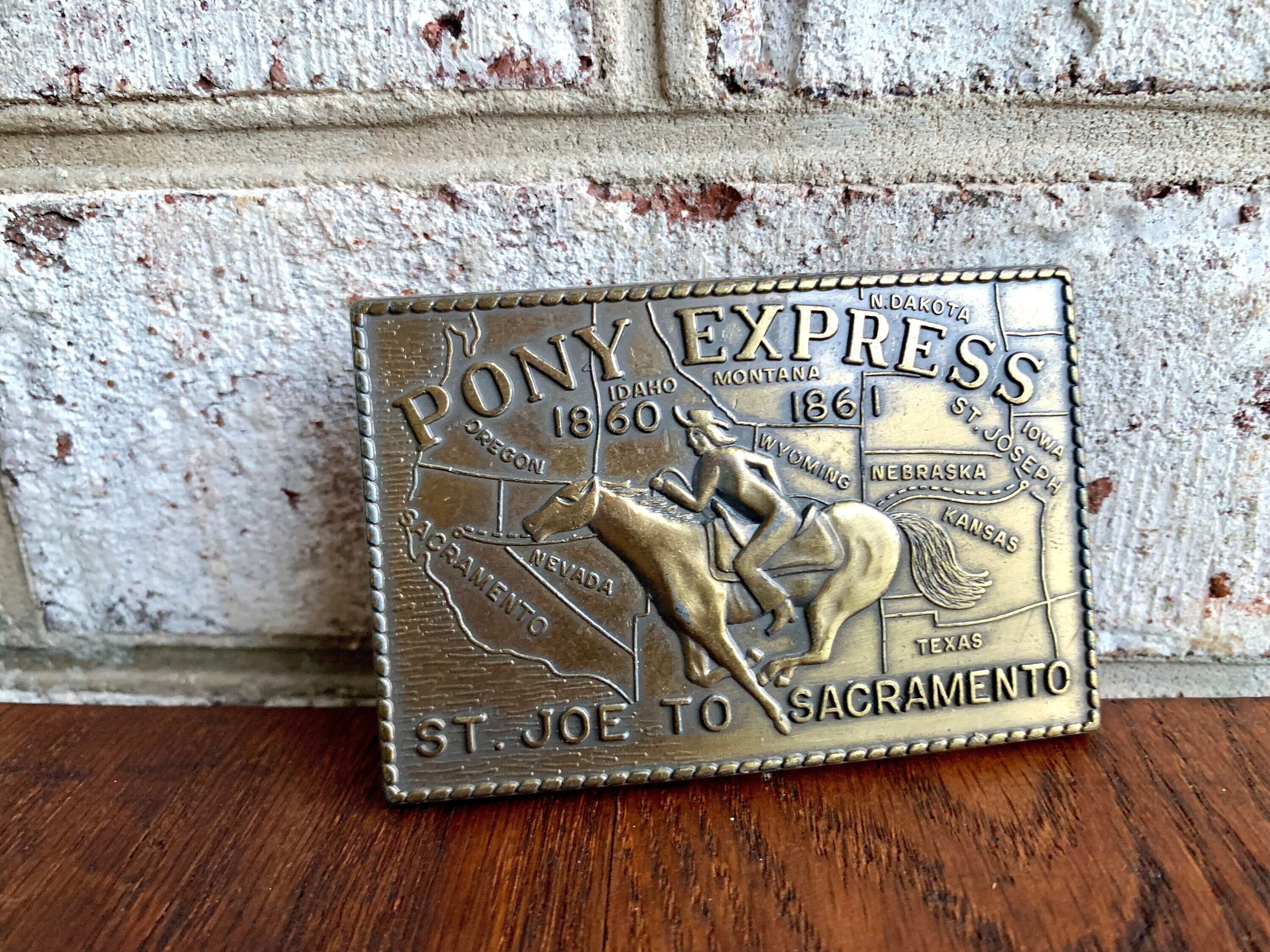 Vintage Solid Brass Pony Express Belt Buckle | Brass Buckle | Western Brass Belt Buckle | Sears St. Joe to Sacramento Belt Buckle |