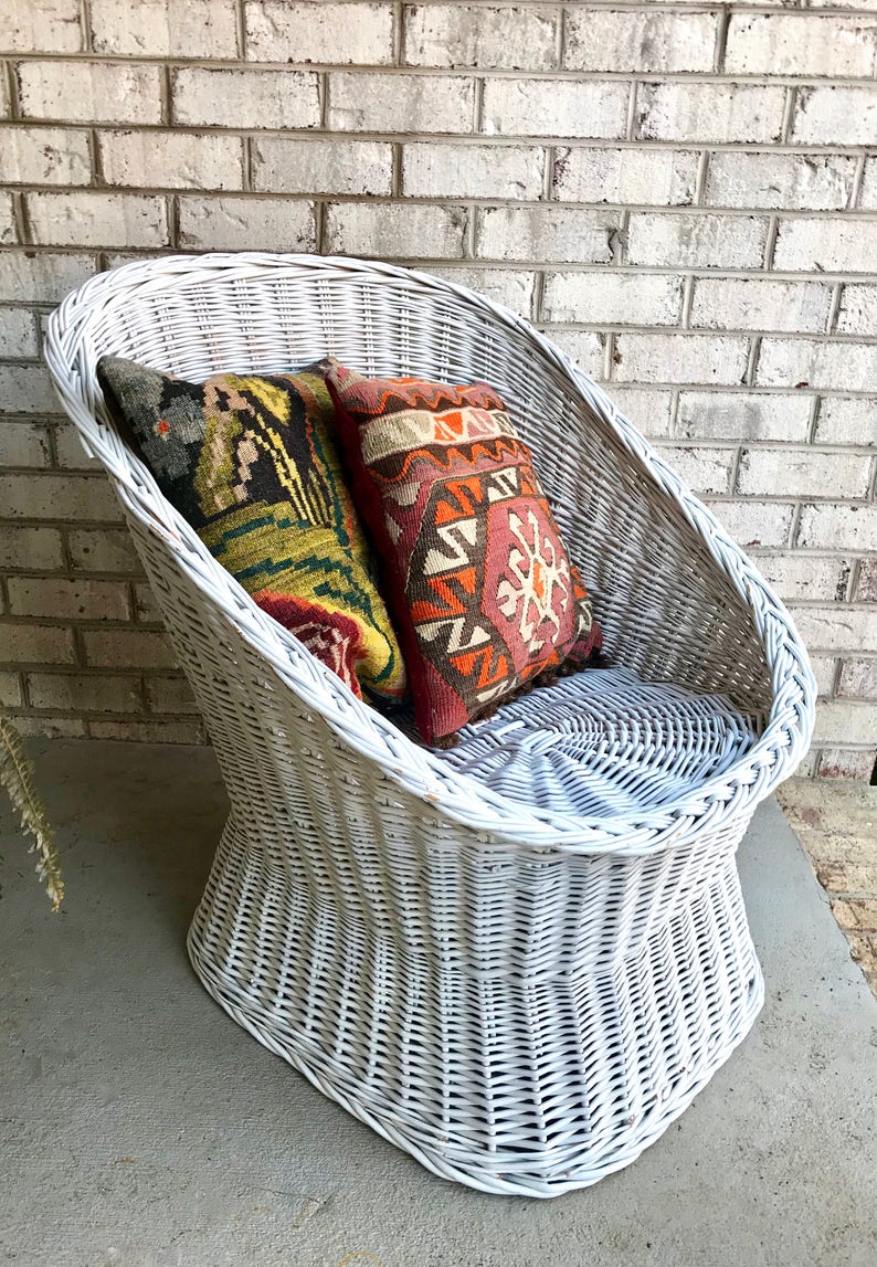 Vintage White Rattan Egg Cup Chair Wicker Pod Image 0