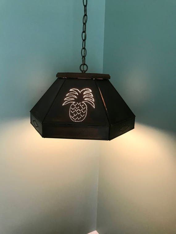 Vintage Punched Metal Pineapple Pendant Lamp And Globe Chandelier Rustic Decor Mcm Copper