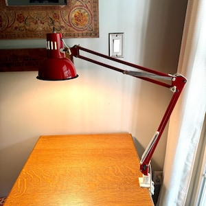 Vintage Red Articulating Desk Lamp | Swing Arm Red Lamp | Adjustable Clamp Lamp | Vintage Drafting Lamp | Red Industrial Desk Lamp