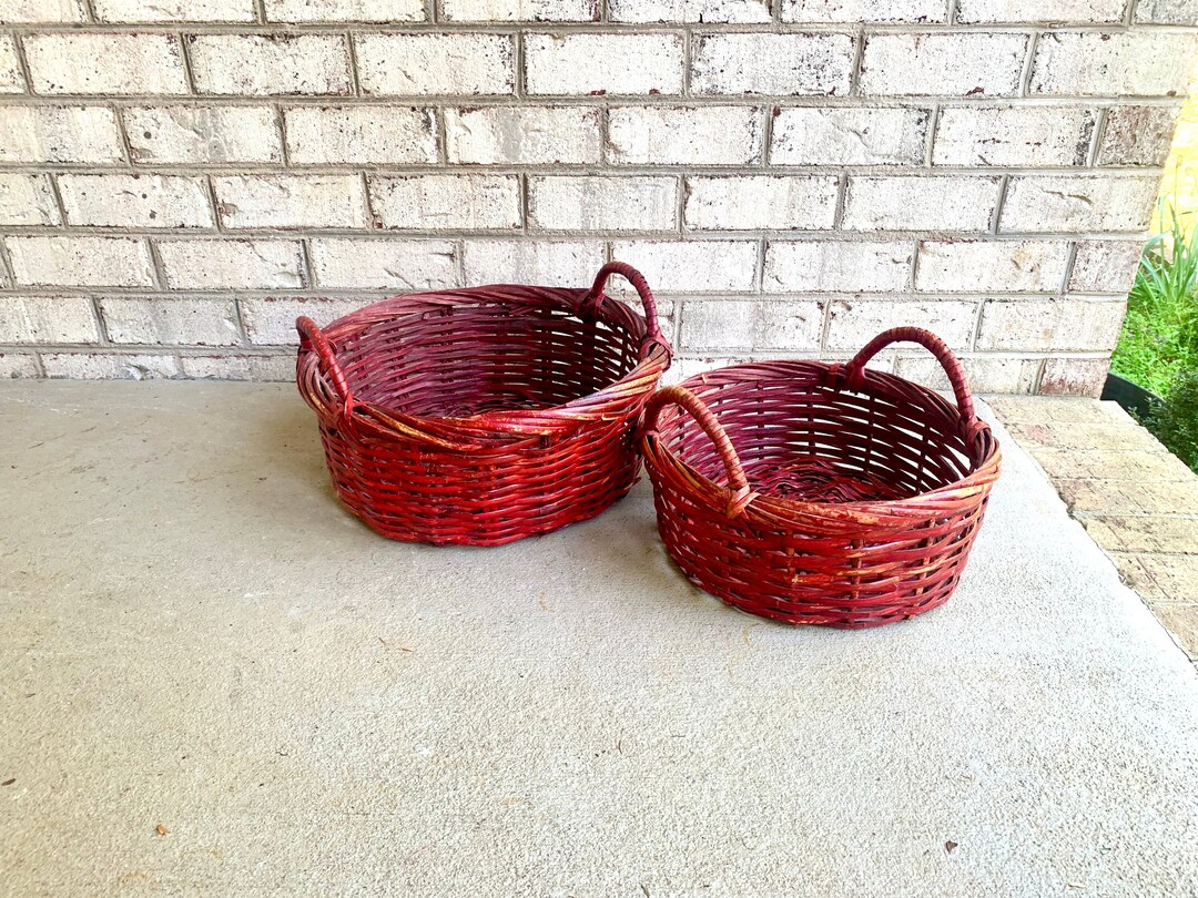 Set of 2 Red Wicker Baskets Red Wicker Nesting Baskets Pair of Red