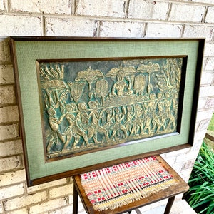 Vintage Angkor Wat Temple Rubbing Art | Raised Cambodian Wat Temple Rubbing Wall Art | Framed Angkor Wat Temple Rubbing |
