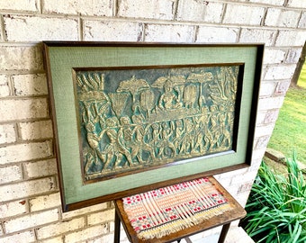 Vintage Angkor Wat Temple Rubbing Art | Raised Cambodian Wat Temple Rubbing Wall Art | Framed Angkor Wat Temple Rubbing |