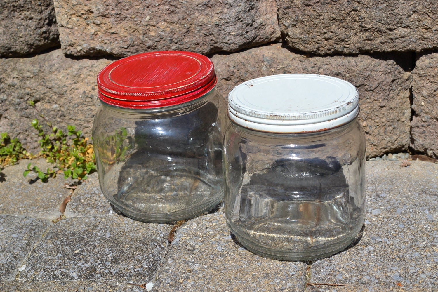 Two Vintage Glass Storage Containers 2 Jars With Metal Lids Pantry Red And White Lid Clear Coin