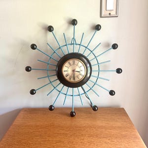 Vintage Sessions Starburst Wall Clock | Painted Sunburst Atomic Clock | Mid Century Modern Wall Clock | Blue and Black MCM Wall Clock