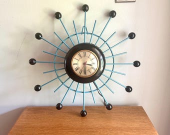 Vintage Sessions Starburst Wall Clock | Painted Sunburst Atomic Clock | Mid Century Modern Wall Clock | Blue and Black MCM Wall Clock