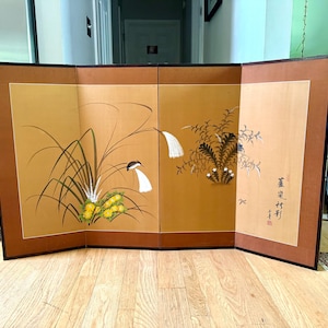 Vintage Japanese 4 Panel Byobu Folding Screen| Japanese Hand Painted on Silk Folding Art| Japanese Floral Scene 35&quot; x 60&quot; Folding Art