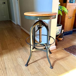 Vintage Industrial Toledo Metal Stool | Adjustable Metal Stool With Wood Top | Industrial Factory Stool | Green Metal Factory Stool